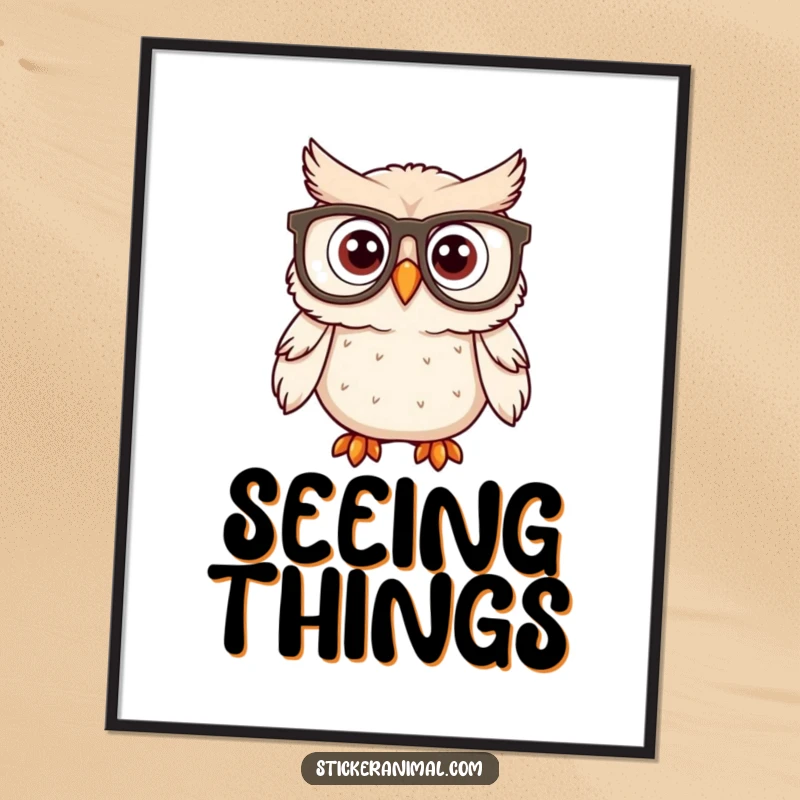 Funny owl wearing large spectacles and looking surprised in a digital art print, ideal for instant, whimsical decor.