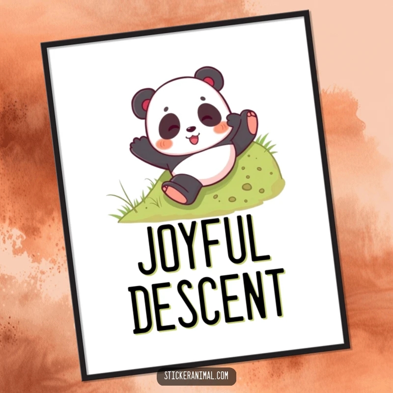 Funny digital art print of a playful panda bear tumbling down a grassy hill, perfect for instant decor.