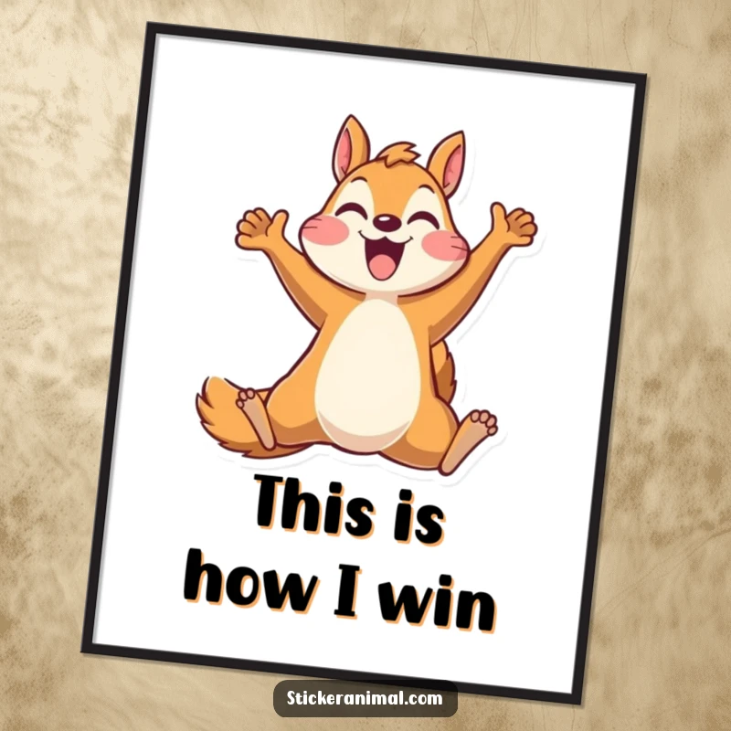 Funny digital art print of an ecstatic squirrel character leaping energetically, perfect for printable decor that radiates joy and humor.