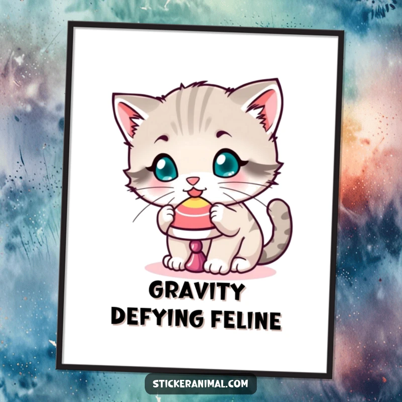 Funny digital art print of a playful kitten balancing a spinning top on its nose, celebrating focus and adorable feline talent.