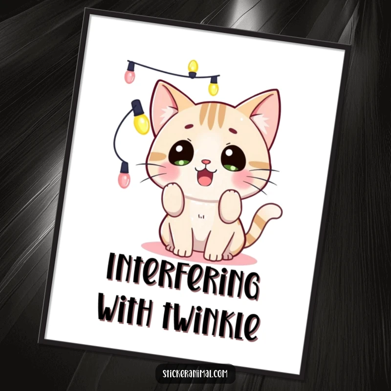 Funny surprised cat playing with string lights, a vibrant digital art print conveying festive mischief, perfect as an instant funny gift.