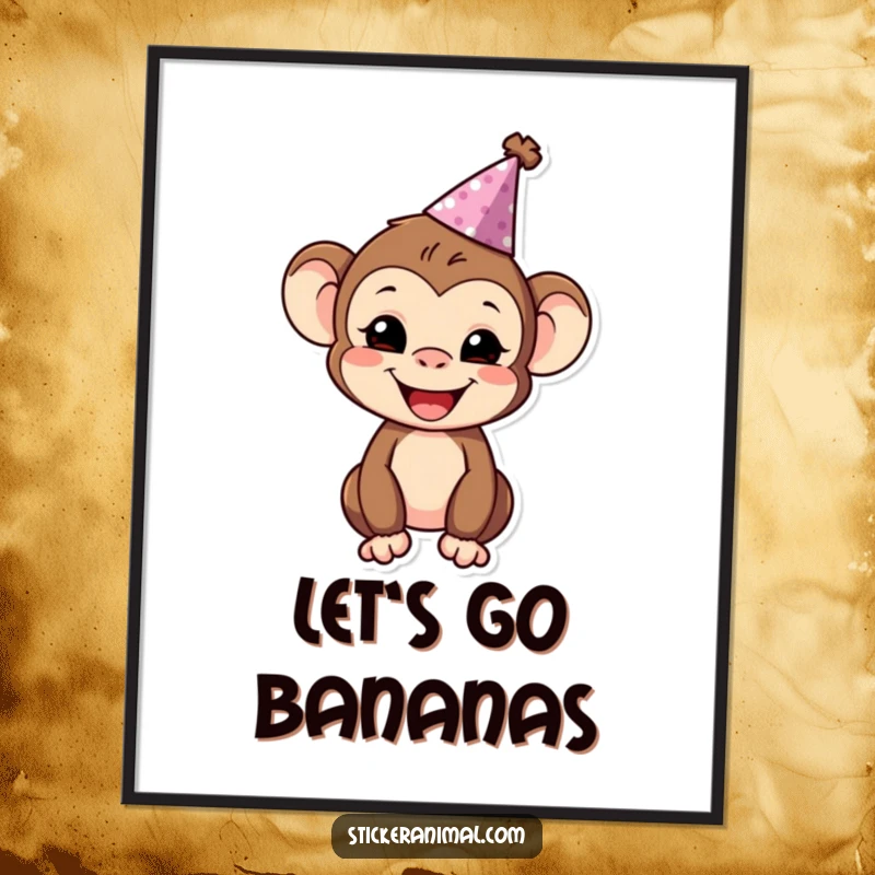 Funny monkey character wearing a party hat, smiling joyfully in a festive digital art print.