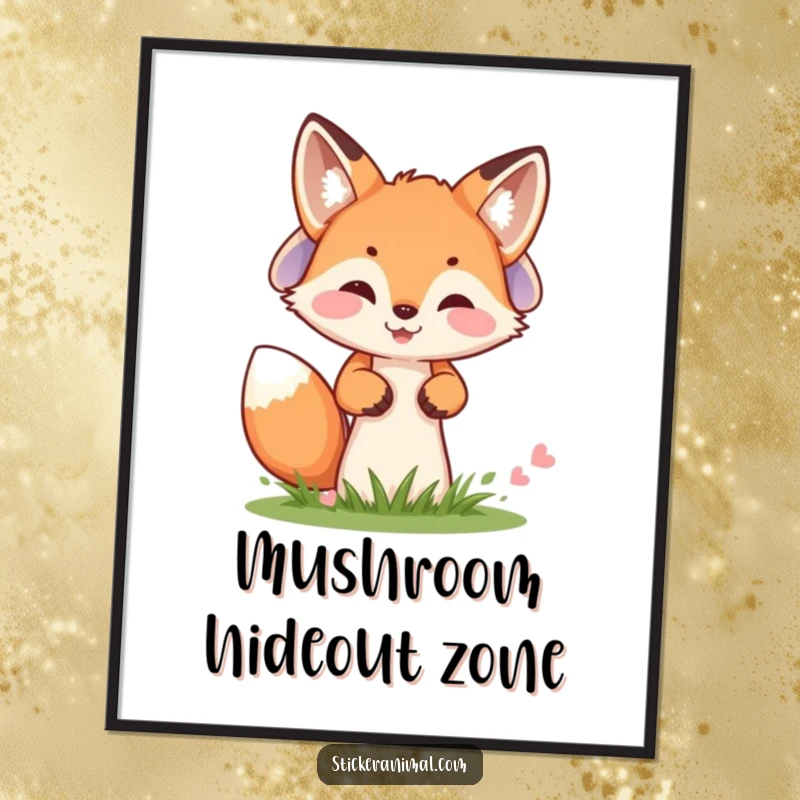 Funny digital art print of a cheerful fox cub peeking from behind a mushroom, ready for instant humorous display.
