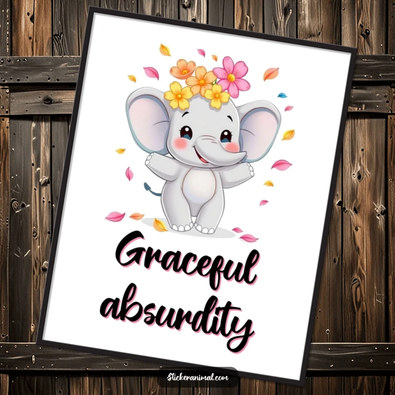 Funny elephant digital art print showing a smiling character juggling colorful flower petals, offering instant downloadable whimsical wall decor.