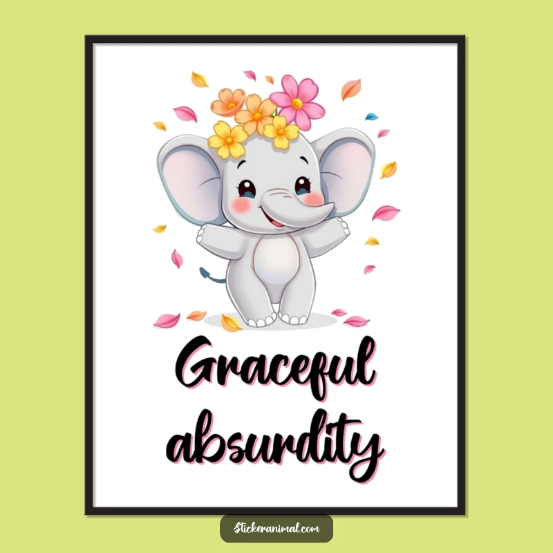 Printable Funny Elephant Juggling Flowers Digital Art, Instant Joyful Wall Decor