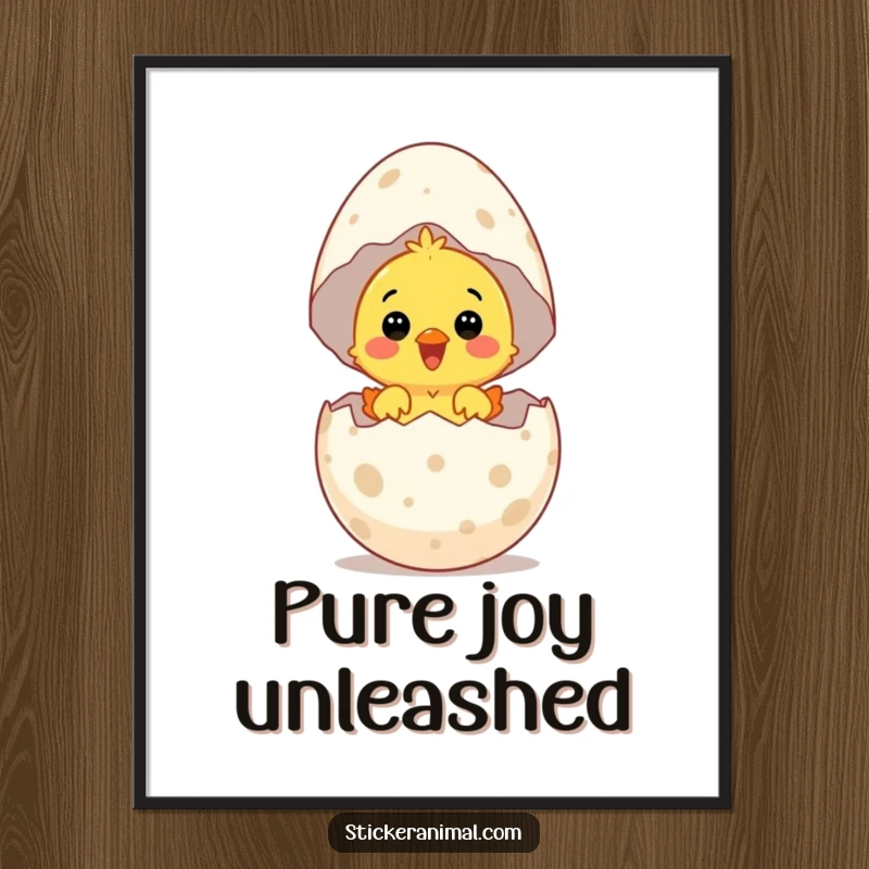 Funny digital art print of a surprised chick hatching from a giant speckled egg with delight, perfect for instant decor.