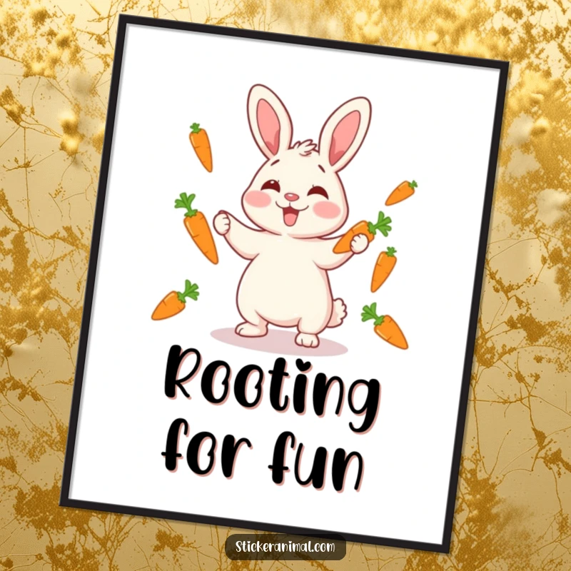 Funny giggling rabbit juggling carrots, a vibrant digital art print conveying playful mischief and humor, perfect as an instant funny gift.