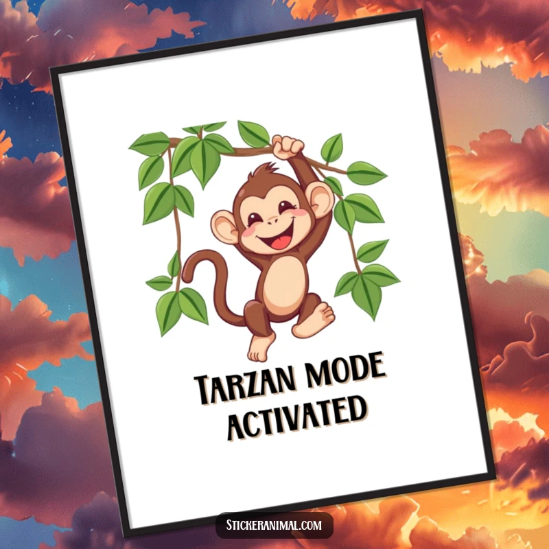 Funny digital art print capturing a delighted monkey swinging from a vine, its face alight with pure, uncontrollable, infectious giggles.
