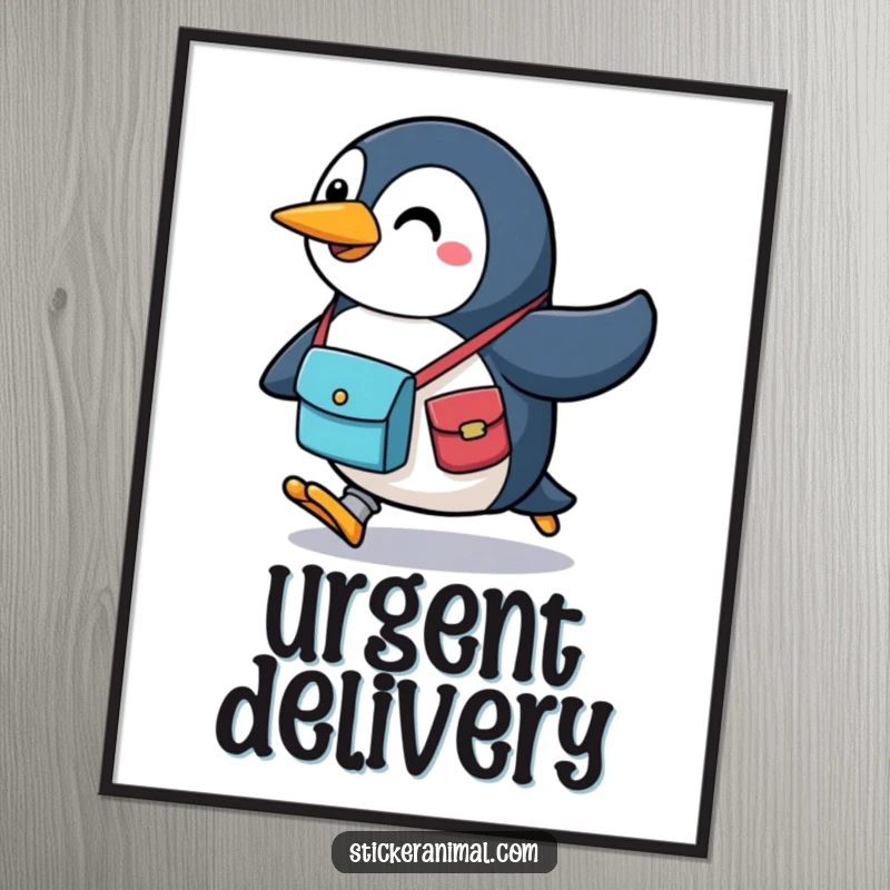 Funny penguin digital art print showing a cheerful character with a messenger bag, captured mid-run, bringing lively and playful energy to decor.
