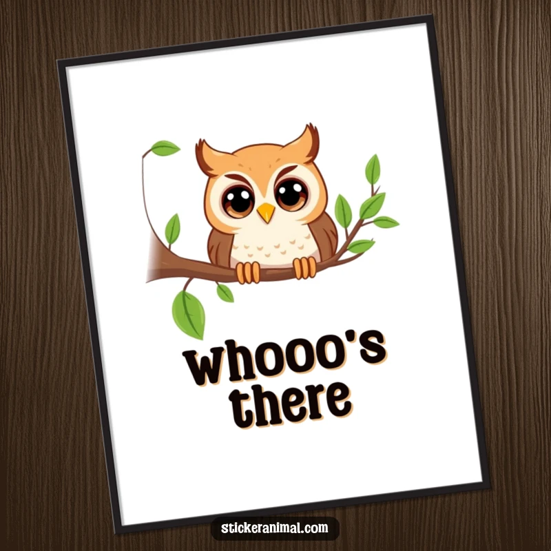 Funny playful owl with big eyes peeking from a branch, a vibrant digital art print conveying curiosity and charm, perfect as an instant funny gift.