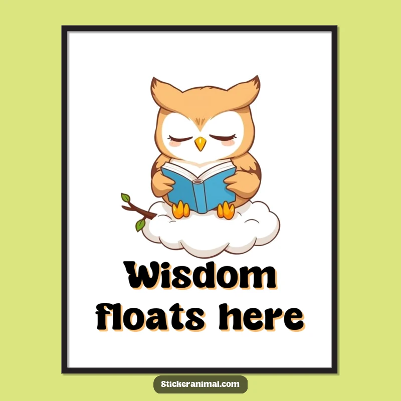 Funny Owl Book Lover Digital Art: Cute Owl Reads on Cloud Print
