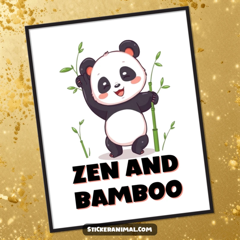 Funny panda handstand digital art print featuring a joyful panda character in a handstand, surrounded by bamboo, celebrating movement.