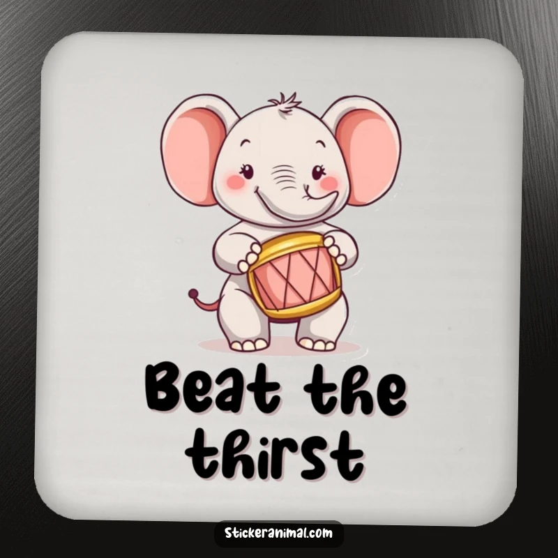 Funny elephant character tapping a tiny drum on a drink coaster, adding musical charm.