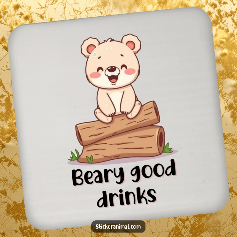 Funny drink coasters featuring a happy bear cub balancing on a log, adding woodland humor to surfaces.