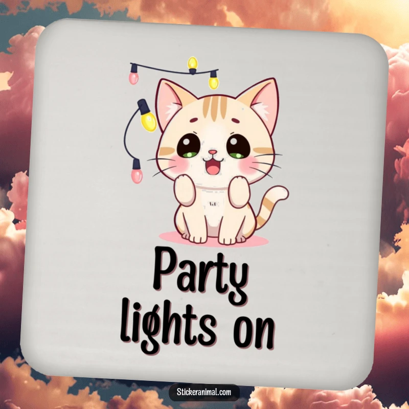 Funny surprised cat batting at string lights on a drink coaster, protecting surfaces with playful holiday humor, perfect for a funny gift.