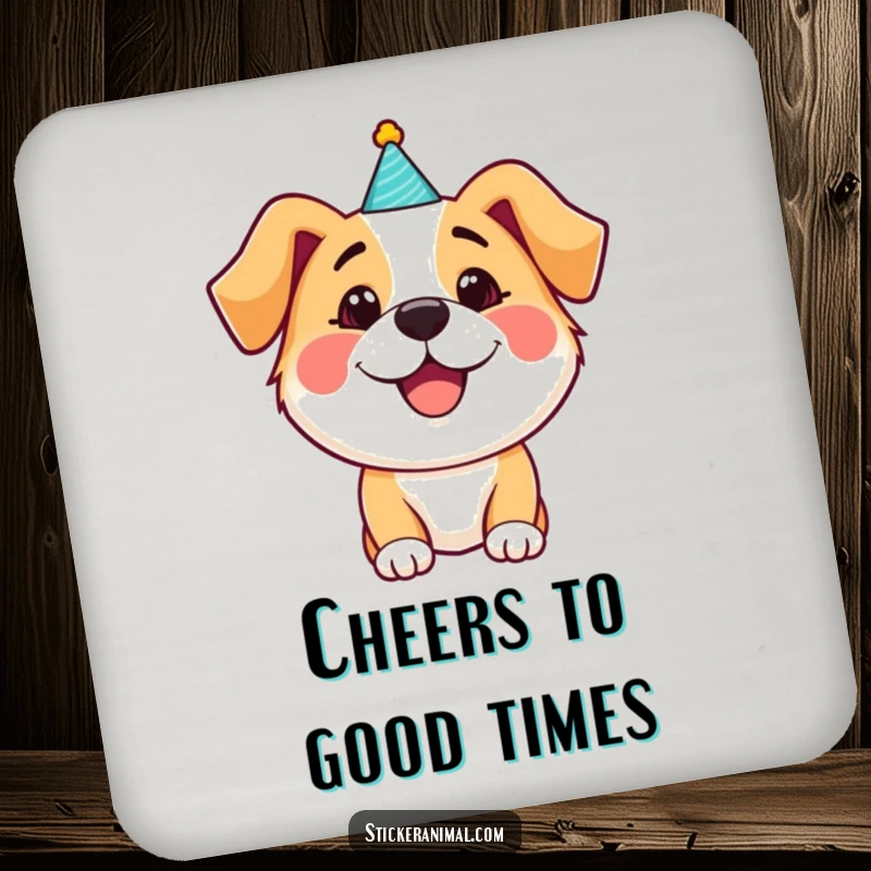 Funny happy dog wearing a party hat on a drink coaster, protecting surfaces with cheerful celebration, perfect for a funny gift.