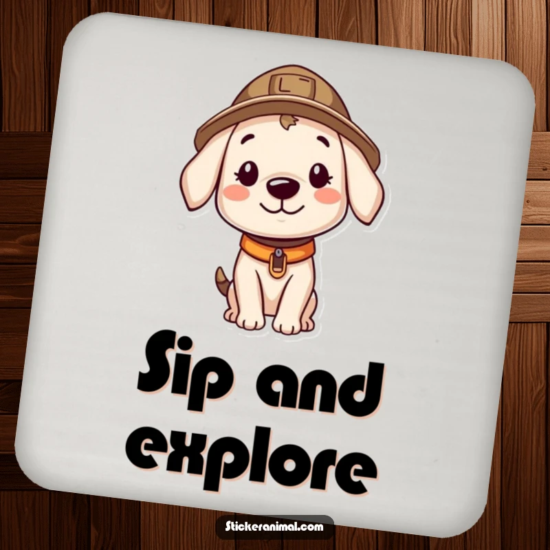 Funny drink coasters featuring a smiling puppy in an explorer hat, looking curiously, adding humor to any beverage setting.