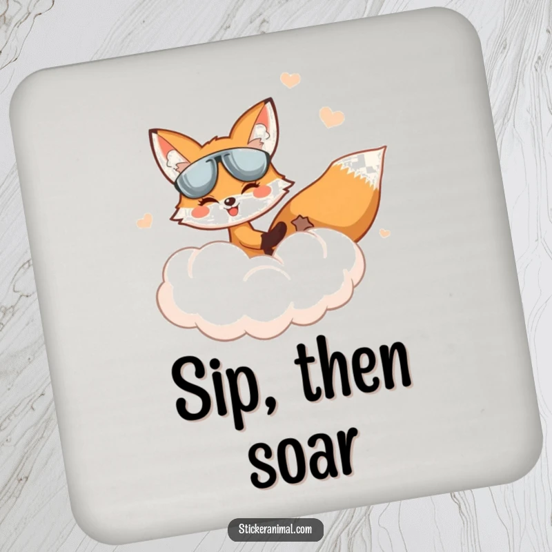 Funny Fox Coaster: A fox pilots a cloud in a whimsical sky, offering humorous surface protection.