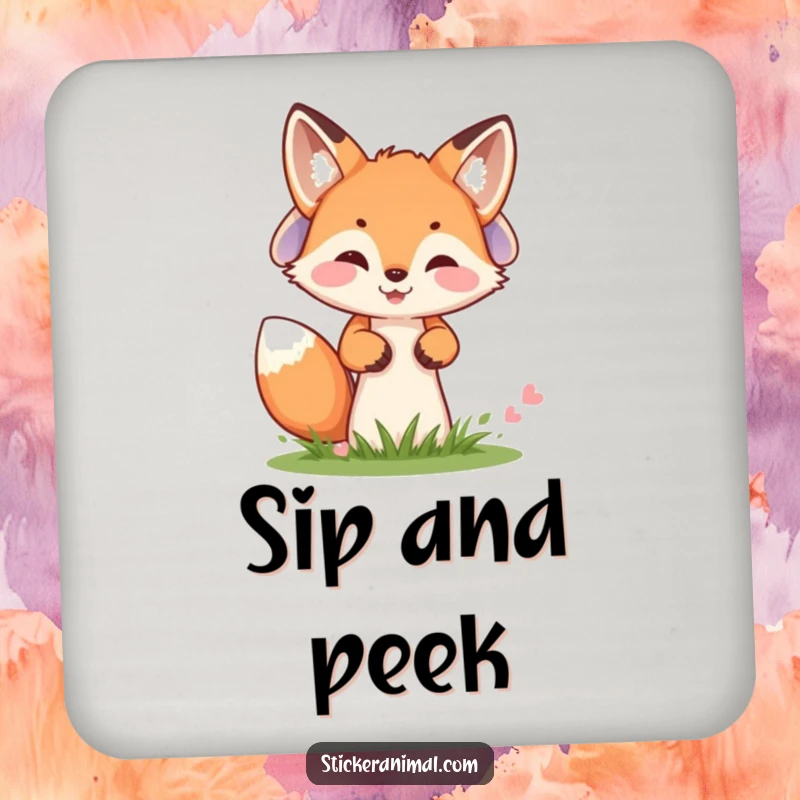 Funny drink coasters featuring a cheerful fox cub peeking from behind a mushroom, adding woodland humor to surfaces.