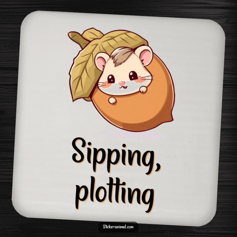 Funny drink coasters featuring a mischievous hamster peeking out from behind a giant acorn, adding humor to any beverage setting.