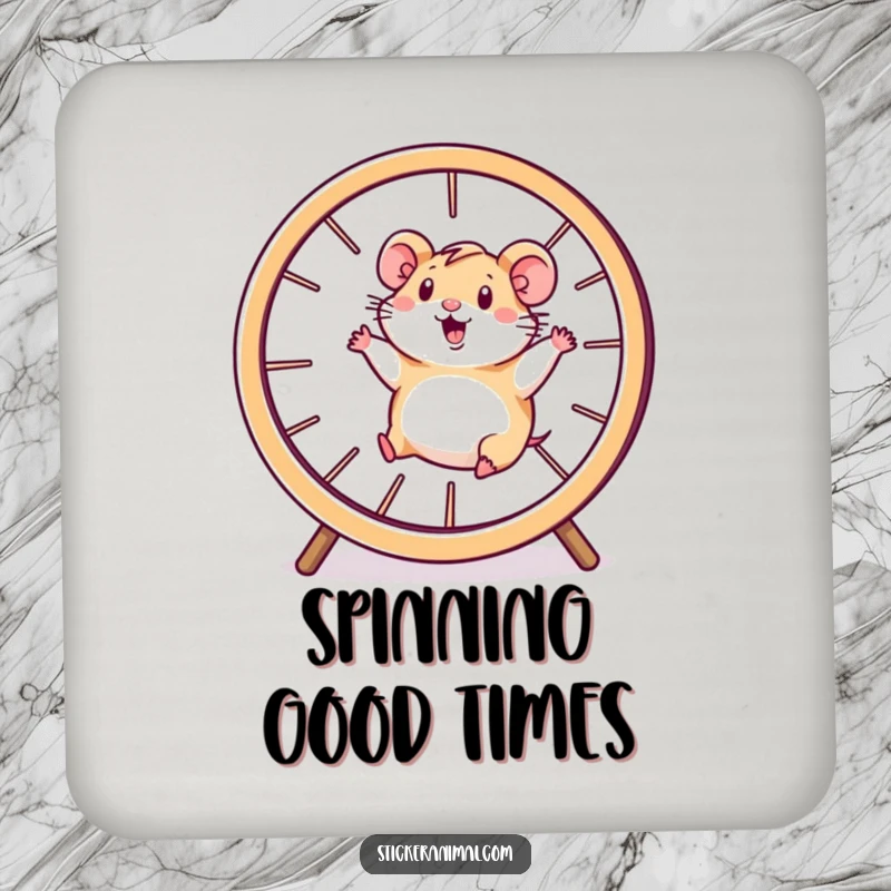 Funny hamster coaster depicting a happy character running inside a spinning wheel, adding a touch of energetic fun.