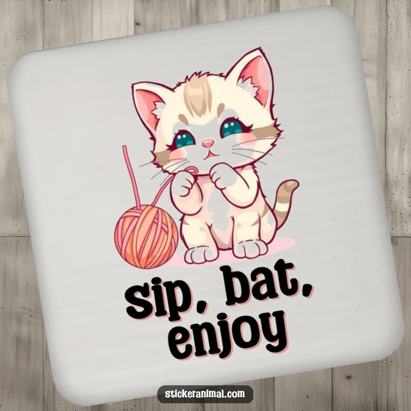 Funny curious kitten batting playfully at a dangling yarn ball on a cheerful and protective drink coaster set.