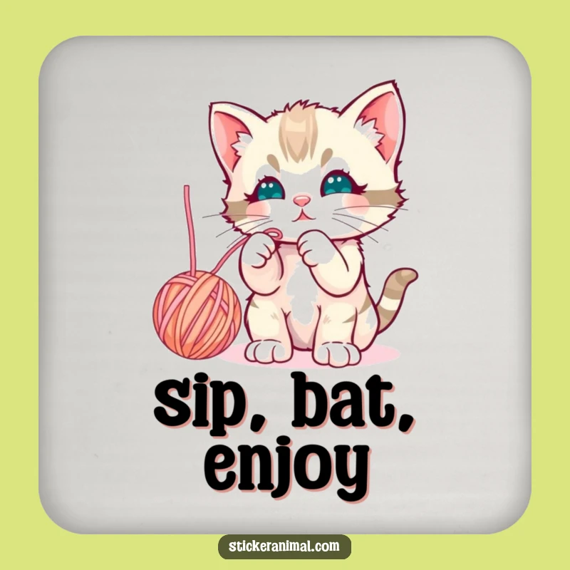 Funny Kitten Coaster Set: Curious Cat Yarn Fun Gift