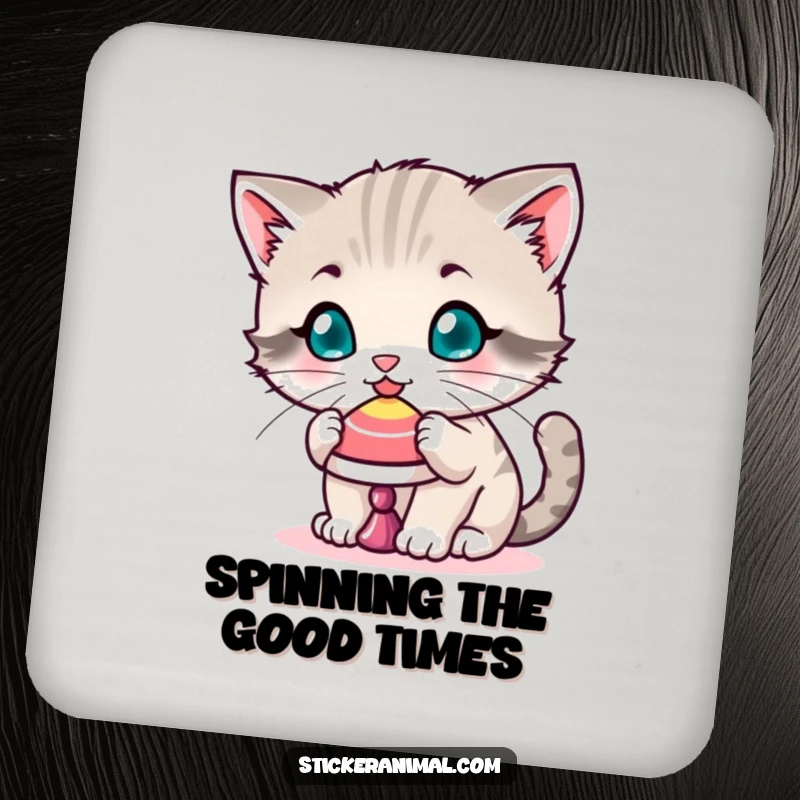 Funny coaster featuring a playful kitten balancing a spinning top on its nose, adding cute focus and surface protection.