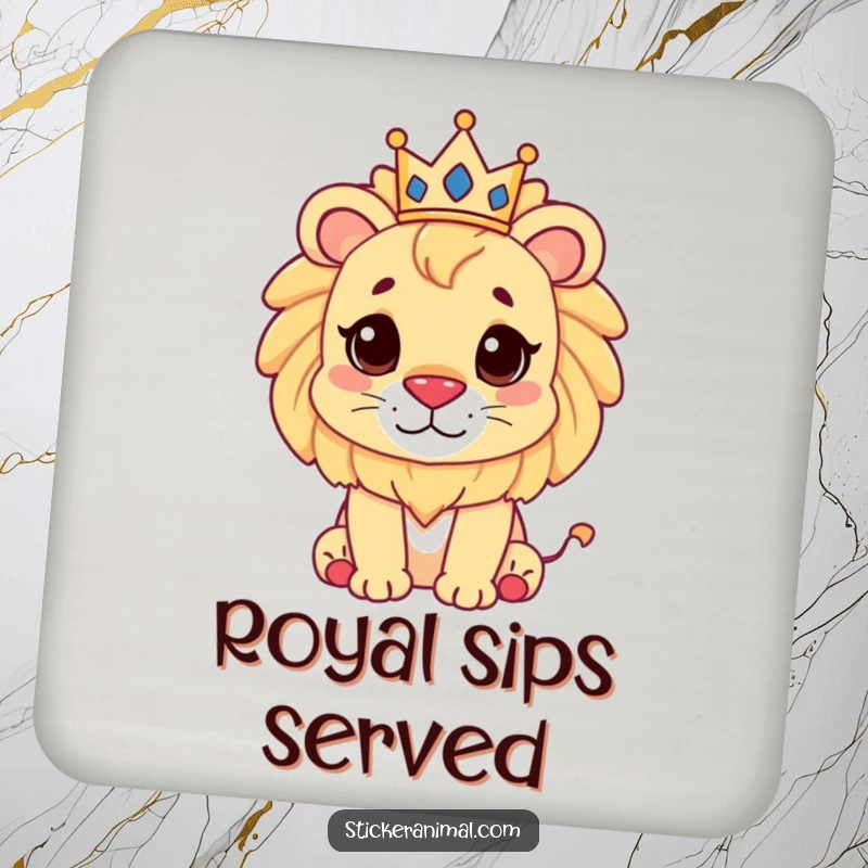 Funny cute lion character wearing a miniature crown on a protective drink coaster, adding a touch of regal charm.