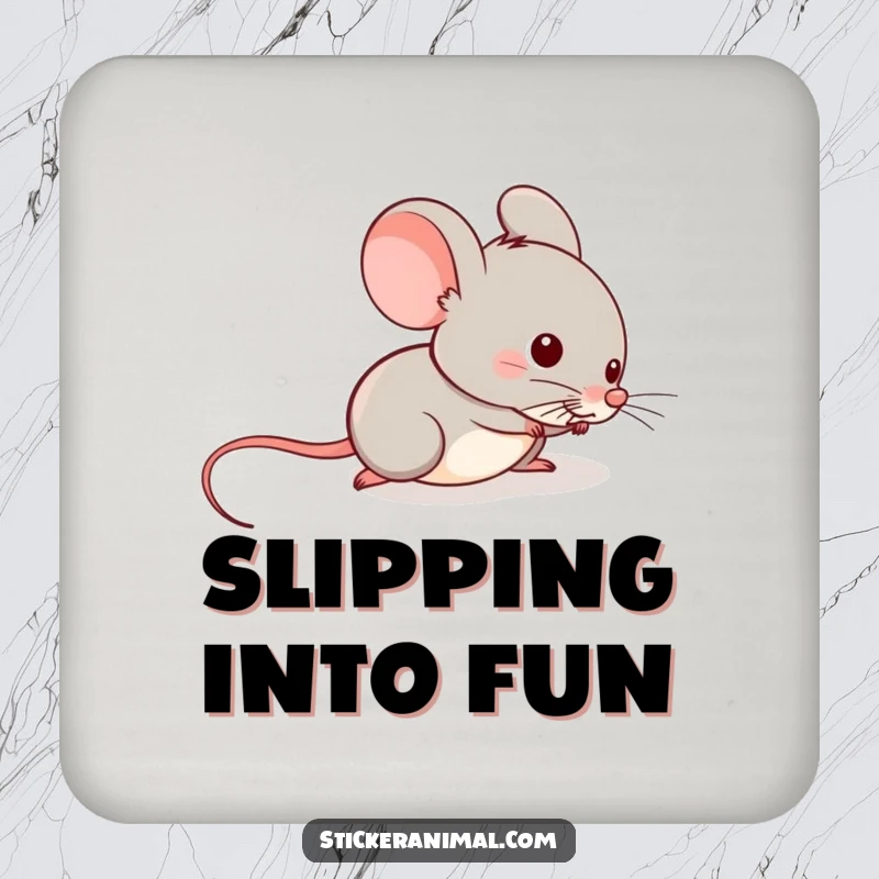 Funny drink coaster featuring a mischievous mouse sliding down a tail, perfect for protecting surfaces with a humorous and playful touch.