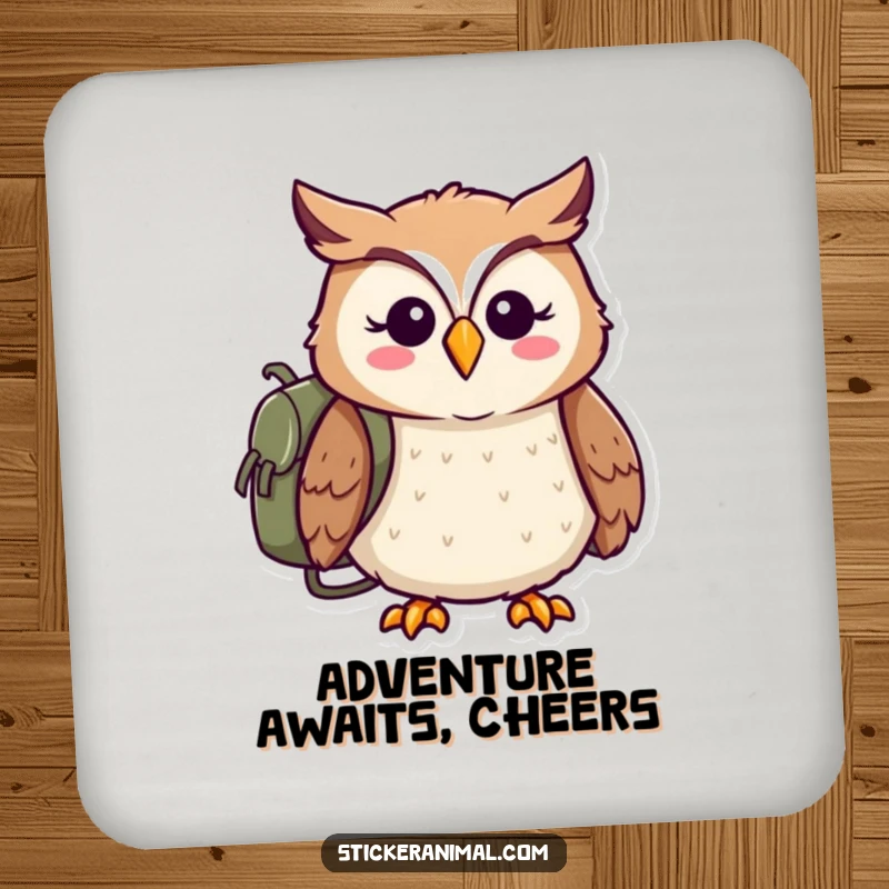 Funny drink coaster with a cheerful owl wearing a backpack, ready for adventure, adding woodland humor.