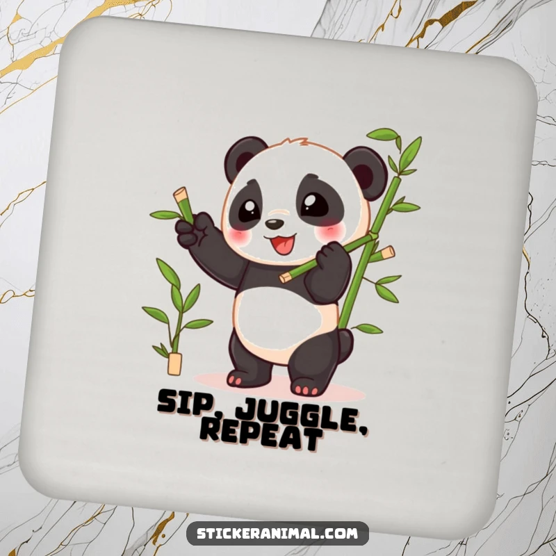 Funny playful panda cub juggling bamboo shoots with glee on a cheerful and protective drink coaster set.
