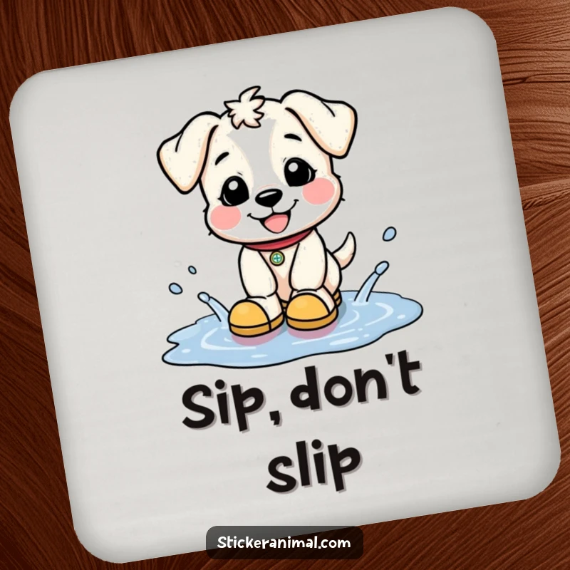 Funny coaster featuring a happy puppy in tiny boots splashing in puddles, adding playful charm and surface protection.