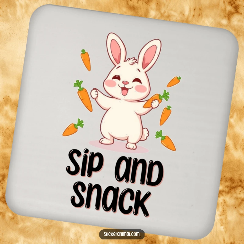 Funny giggling rabbit juggling carrots on a drink coaster, protecting surfaces with playful humor, perfect for a funny gift.