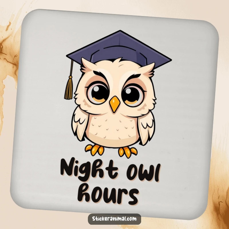 Funny drink coasters featuring a comically surprised owl in a graduation cap, adding humor to your table.