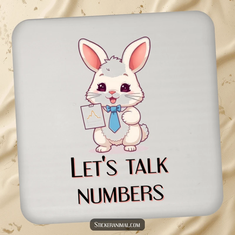 Funny drink coaster with a fluffy rabbit in a tie, enthusiastically presenting a tiny graph, protecting surfaces with humor.