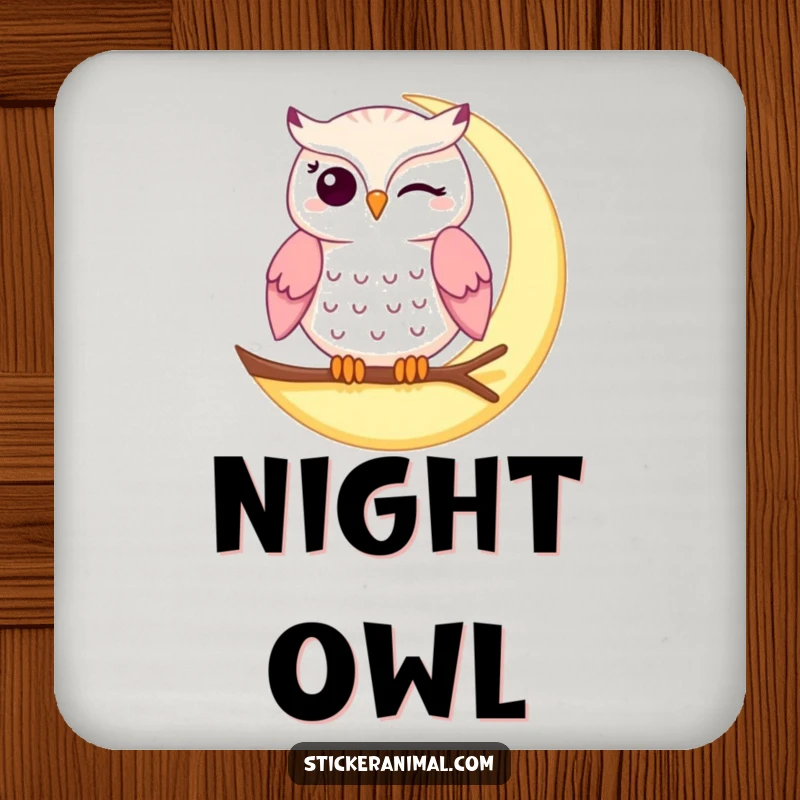 Funny winking owl drink coaster with a winking owl on a crescent moon, adding nocturnal charm and humor to any table.
