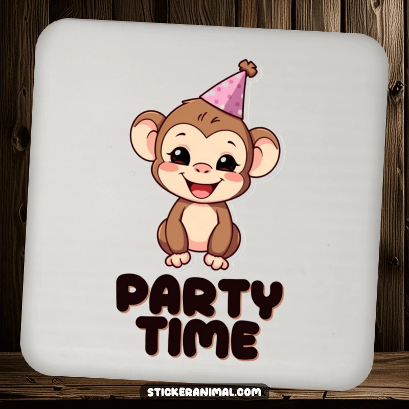 Funny monkey character in a party hat perched on a drink coaster, ready for a party.