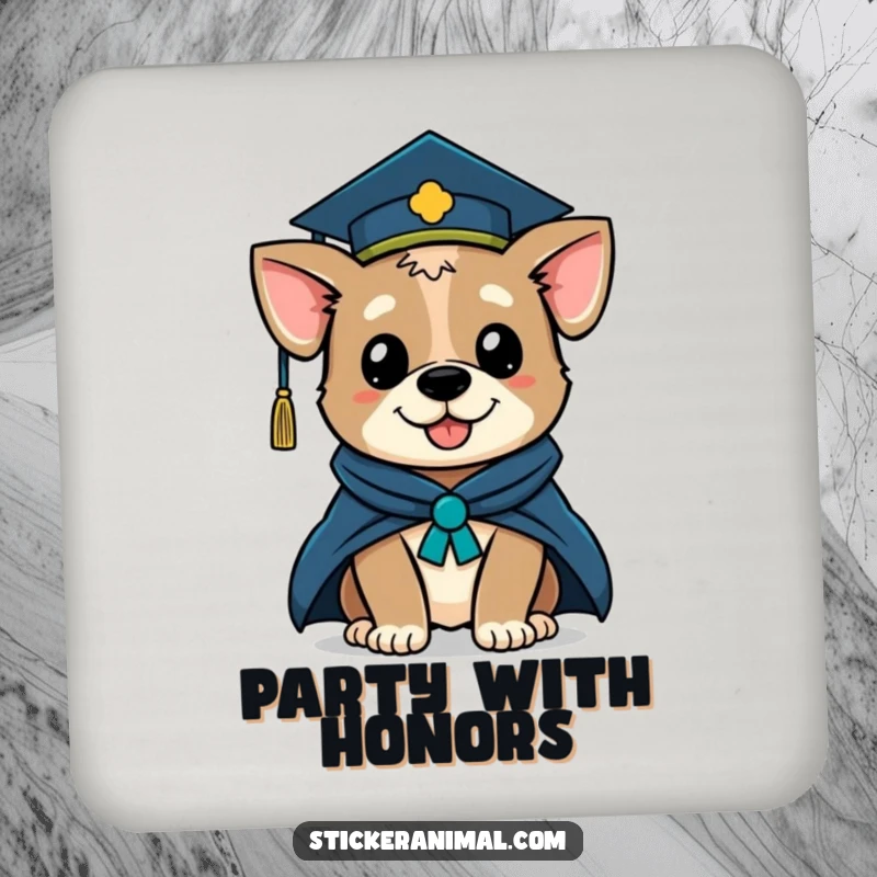 Funny coasters featuring a winking dog character in a graduation cap and academic robe, adding a festive and protective touch.