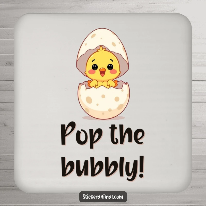 Funny drink coaster with a surprised chick hatching from a giant speckled egg with delight, adding adorable humor.