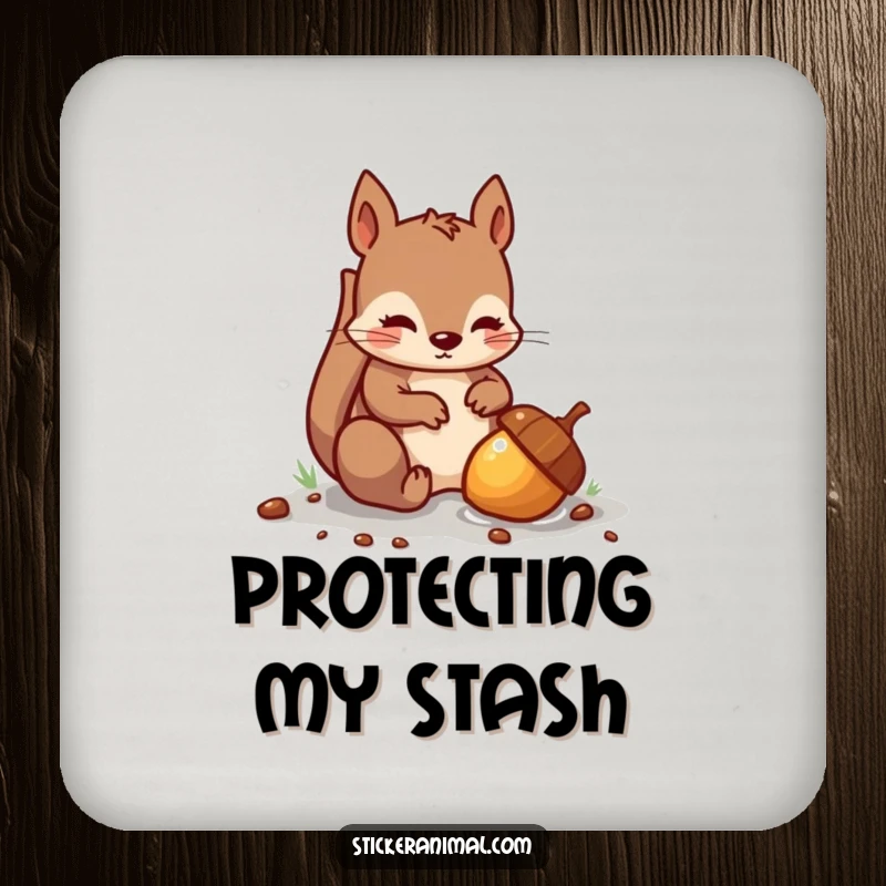 Funny drink coaster featuring a mischievous squirrel burying a shiny acorn, protecting surfaces with woodland charm.