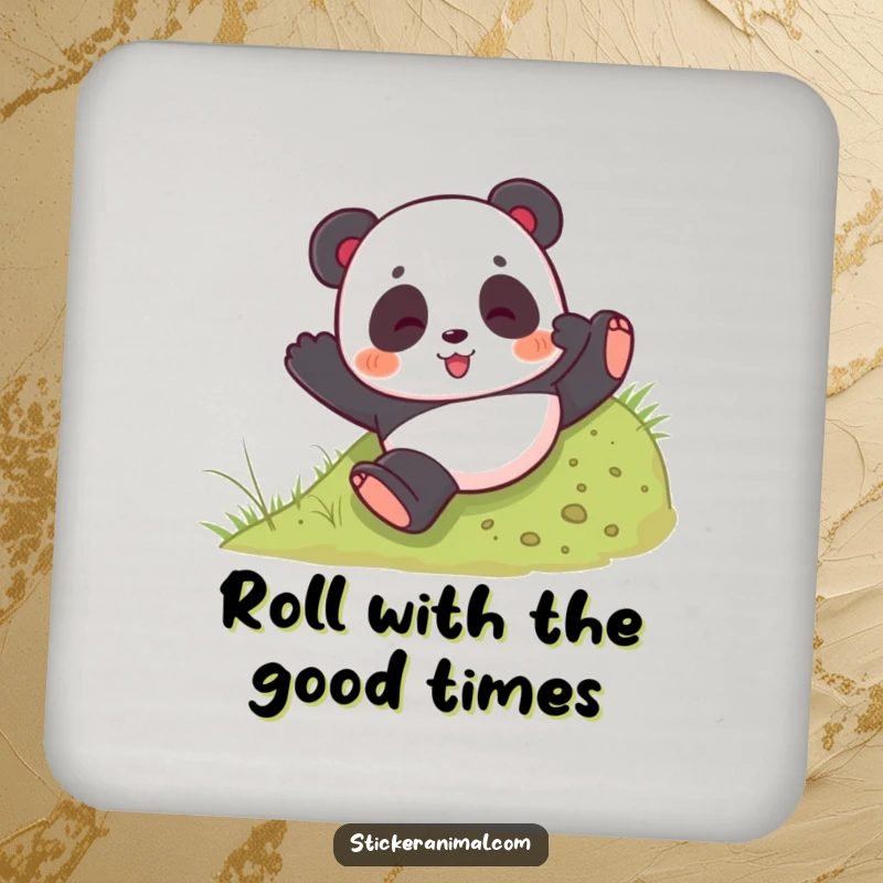 Funny drink coaster with a playful panda bear tumbling down a grassy hill, adding rolling humor to tabletops.
