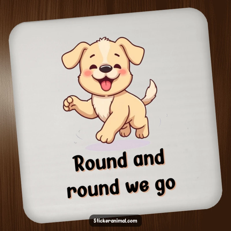 Funny coaster featuring a happy puppy comically spinning around, hilariously in pursuit of its own tail, a symbol of playful protection.