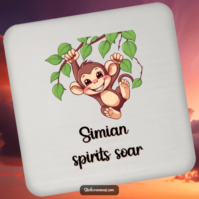 Funny Monkey Swinging Coaster featuring a mischievous monkey character swinging from a vine with a humorous grin, ideal for drink protection.