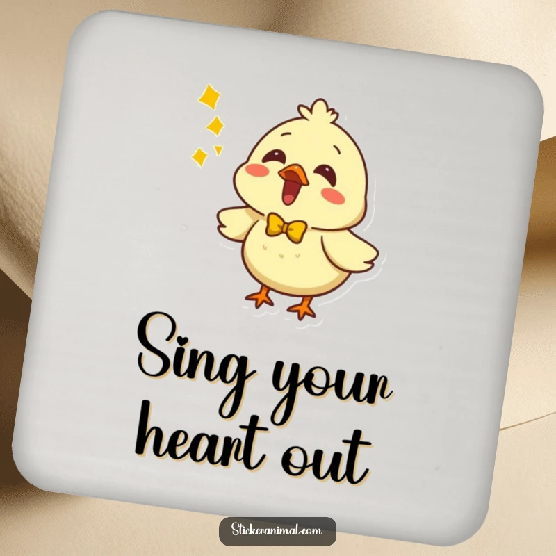 Funny chick with a yellow bow on a drink coaster, singing loudly. Protects surfaces with humor.