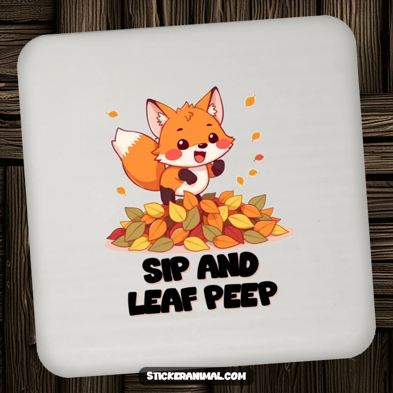 Funny drink coaster depicting an energetic fox leaping into a heap of autumn leaves, offering a splash of humor.