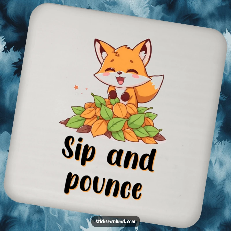 Funny drink coasters featuring an excited fox energetically pouncing into autumn leaves, adding humor to your table.