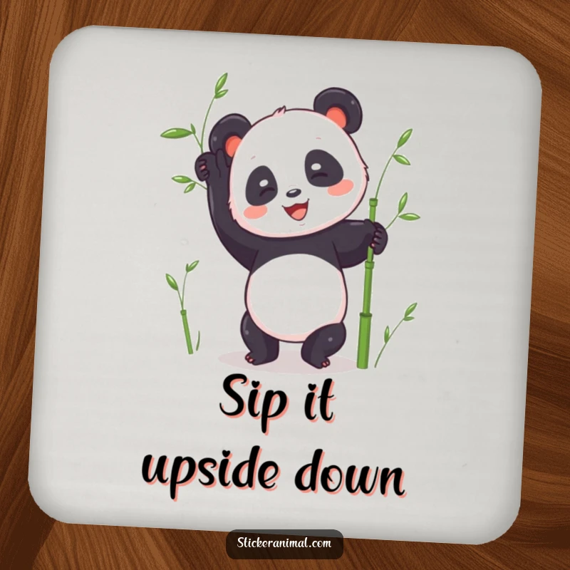 Funny panda handstand coaster depicting a joyful panda character in a handstand pose with bamboo, protecting your surfaces.
