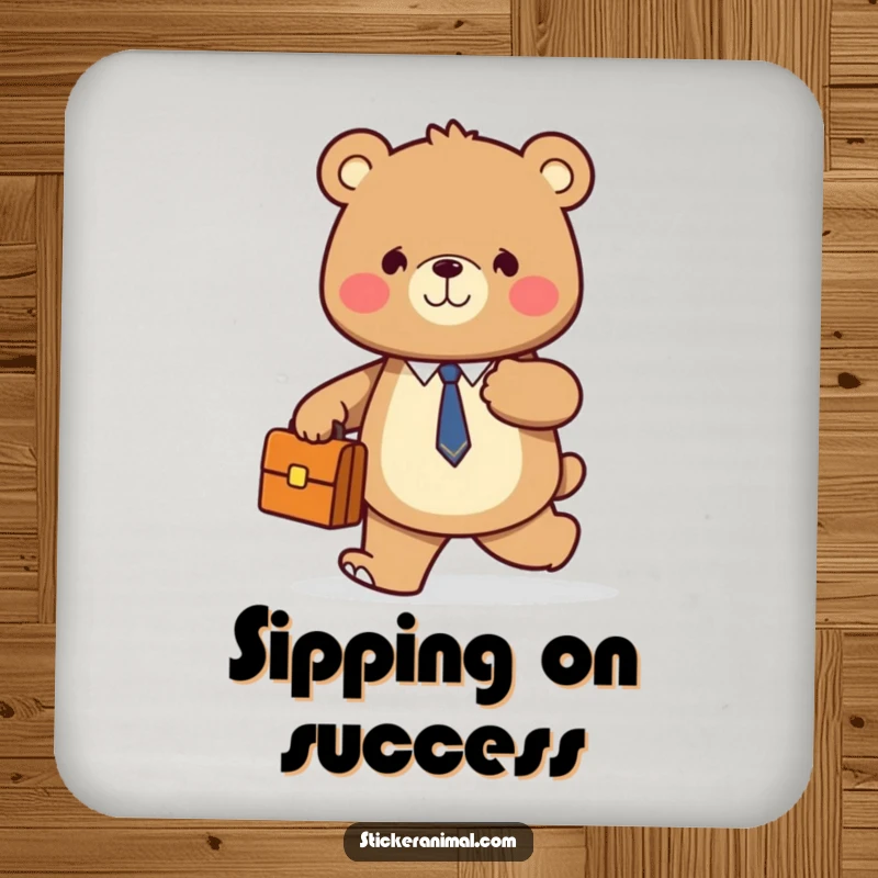 Funny drink coaster with a smiling bear holding a briefcase, confidently walking forward, adding humor to desks.