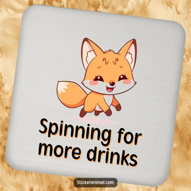 Funny drink coasters featuring a grinning fox character humorously chasing its tail, adding whimsy to any table setting.